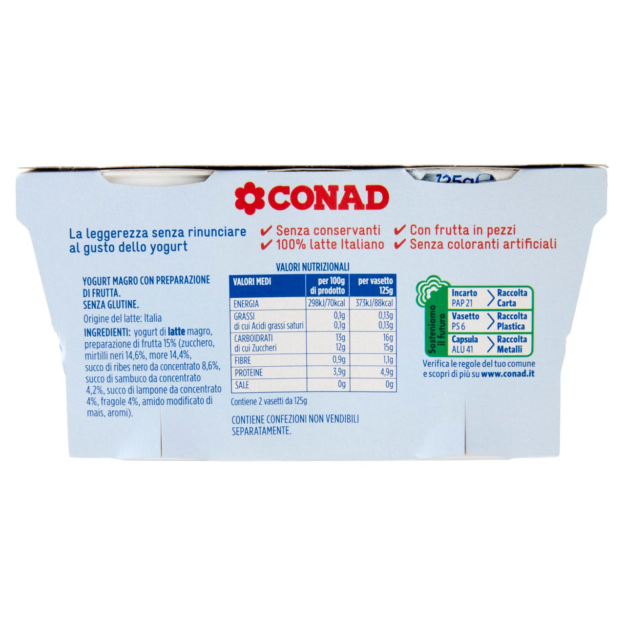 CONAD Yogurt Magro 0,1% di grassi Frutti di Bosco in pezzi 2 x 125 g