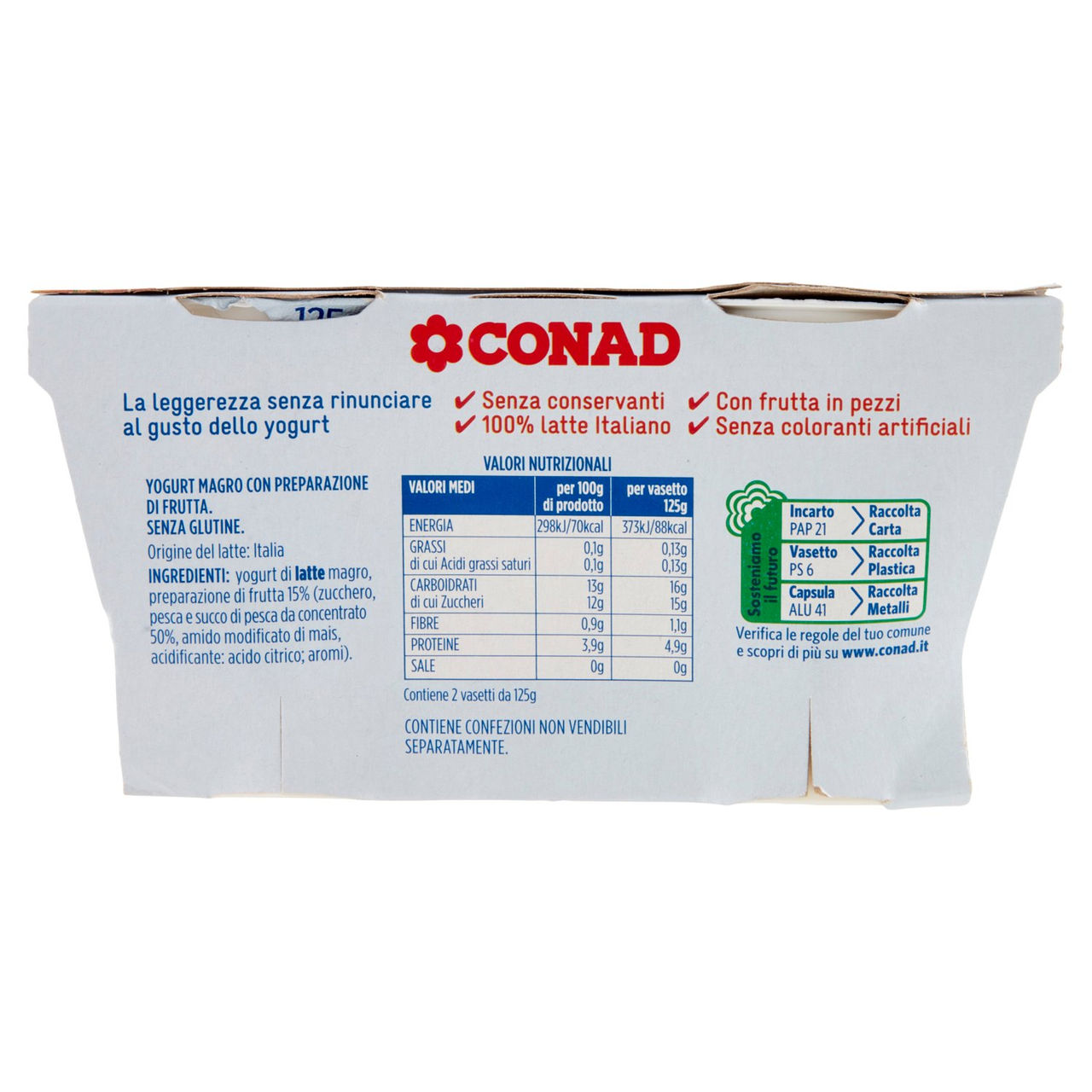 CONAD Yogurt Magro 0,1% di grassi Pesca in pezzi 2 x 125 g
