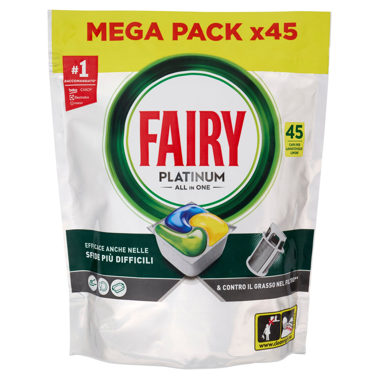 Fairy Pastiglie Lavastoviglie Platinum All in One, Detersivo Piatti Limone, 45 Capsule 671 g