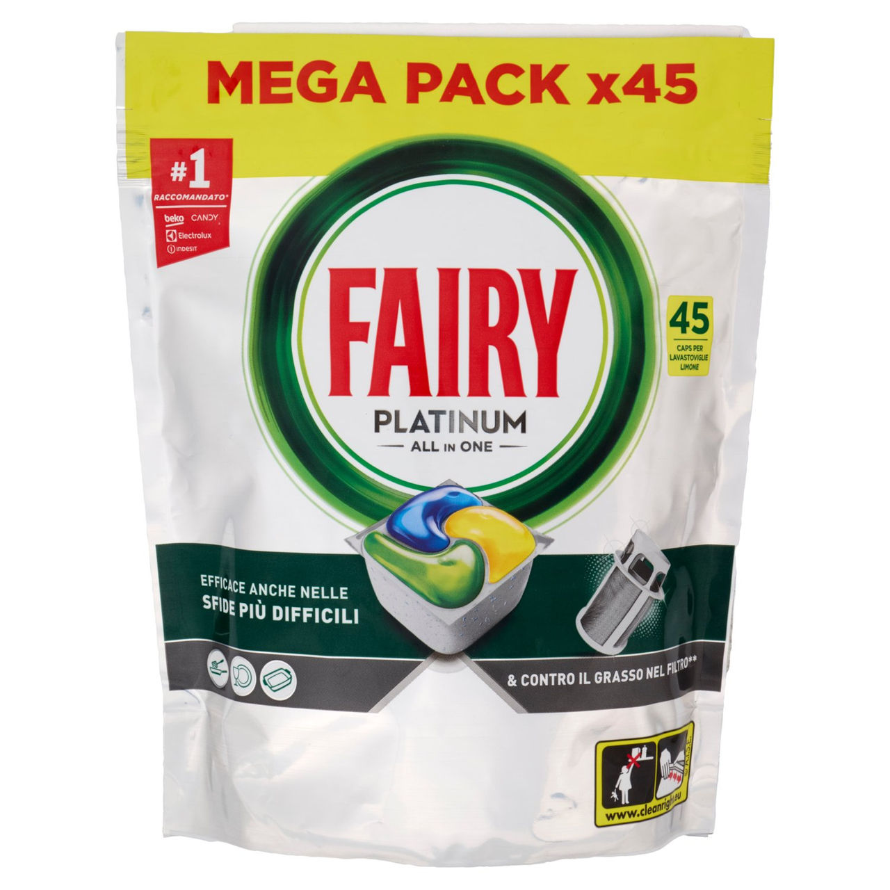 Fairy Pastiglie Lavastoviglie Platinum All in One, Detersivo Piatti Limone, 45 Capsule 671 g