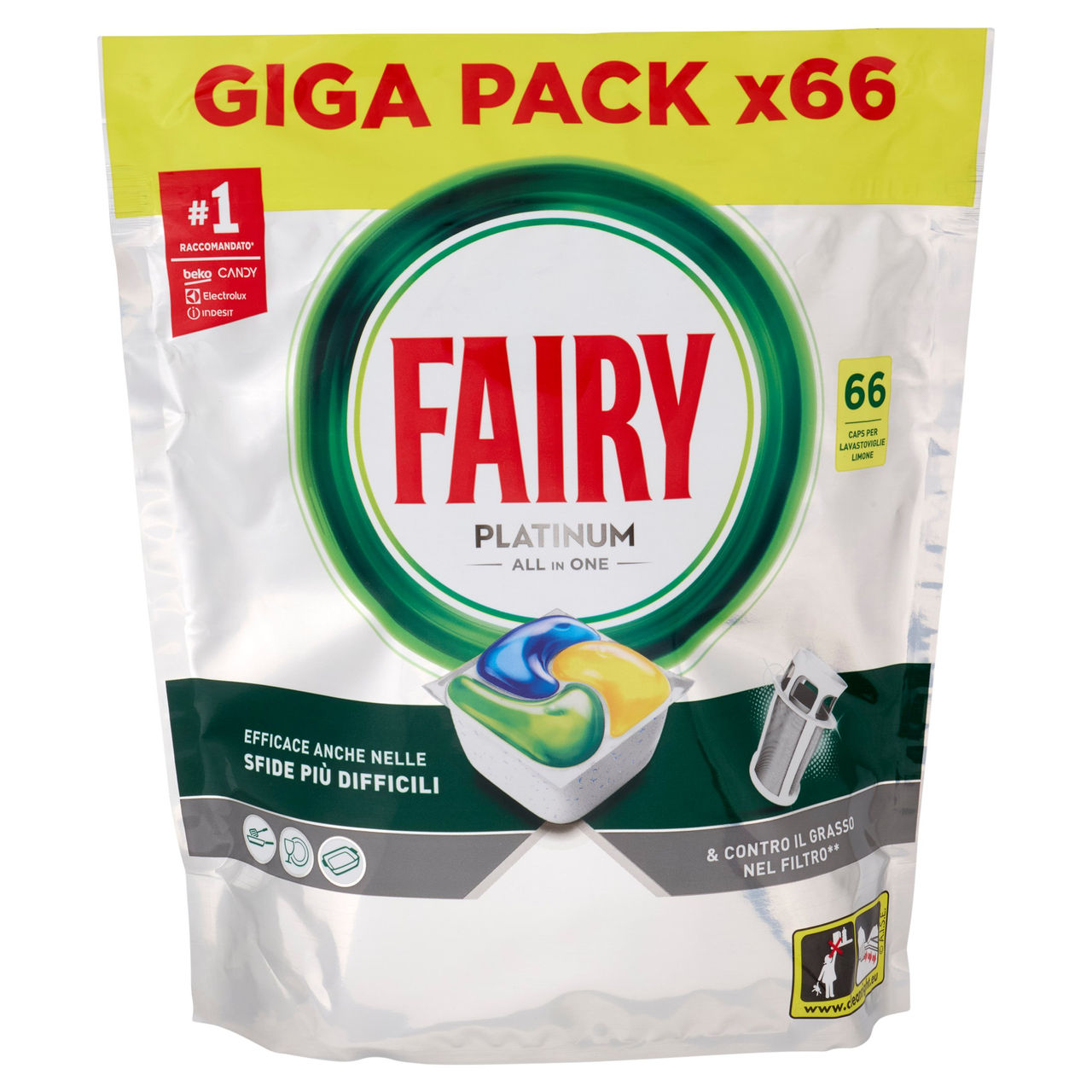 Fairy Pastiglie Lavastoviglie Platinum All in One, Detersivo Piatti Limone, 66 Capsule 983 g