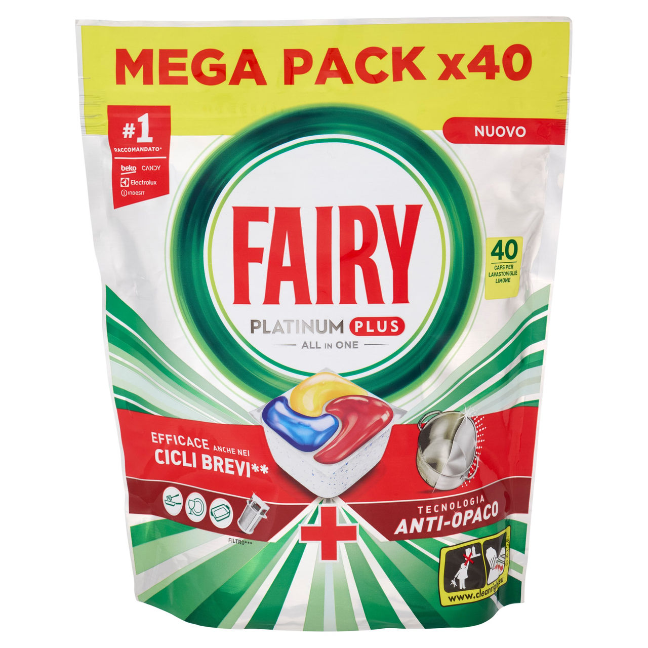 Fairy Pastiglie Lavastoviglie Platinum Plus All in One, Detersivo Piatti Limone, 40 Capsule 620 g