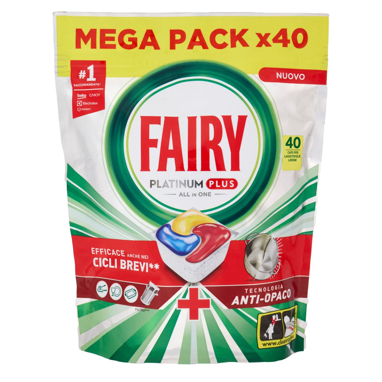 Fairy Pastiglie Lavastoviglie Platinum Plus All in One, Detersivo Piatti Limone, 40 Capsule 620 g