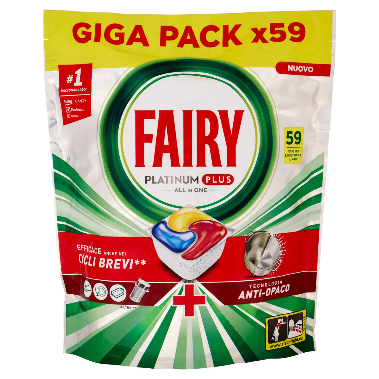 Fairy Pastiglie Lavastoviglie Platinum Plus All in One, Detersivo Piatti Limone, 59 Capsule 915 g