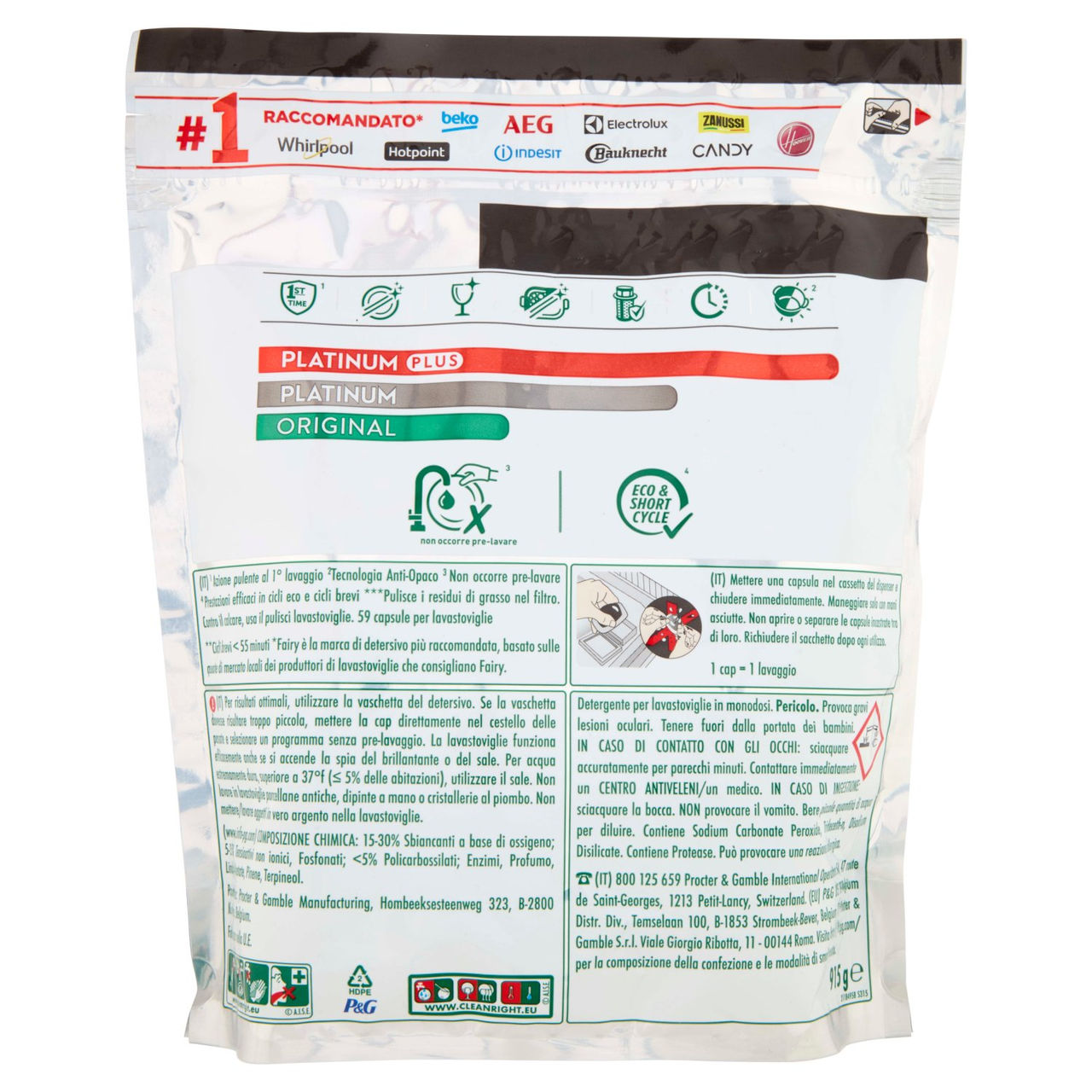 Fairy Pastiglie Lavastoviglie Platinum Plus All in One, Detersivo Piatti Limone, 59 Capsule 915 g