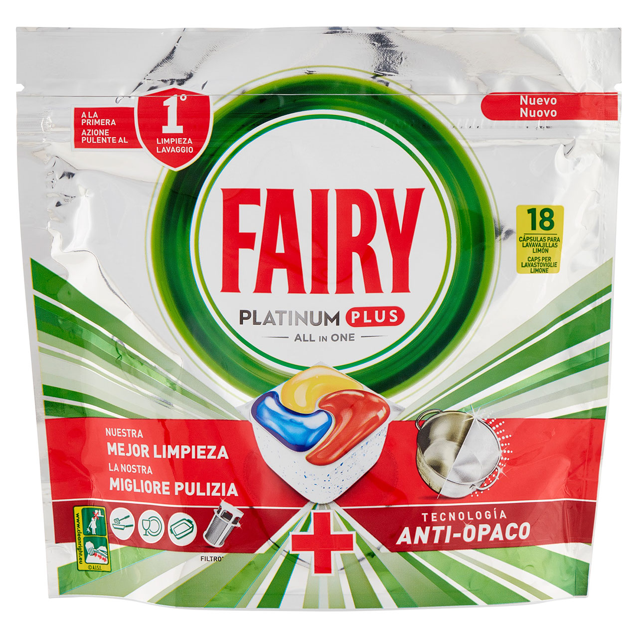 Fairy Platinum Plus Pastiglie Lavastoviglie 18 Caps, Detersivo Limone Anti-Opaco