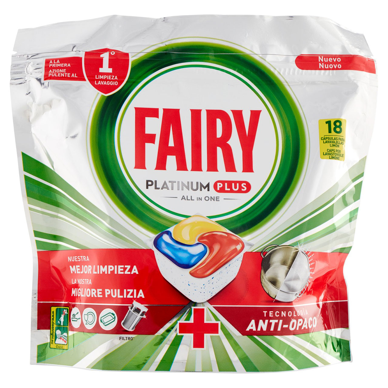 Fairy Platinum Plus Pastiglie Lavastoviglie 18 Caps, Detersivo Limone Anti-Opaco