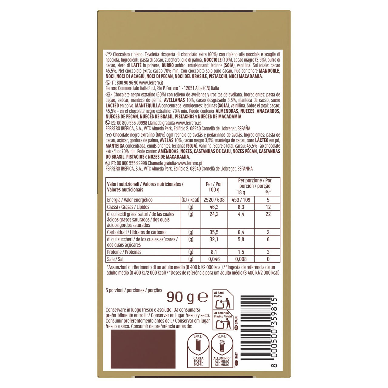Ferrero Rocher Dark - Tavoletta di cioccolato extra fondente 70% con ripieno alla nocciola 90 g