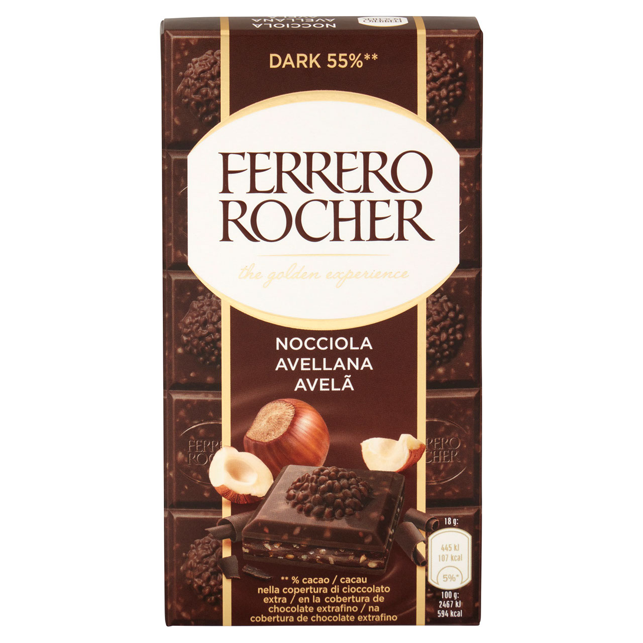 Ferrero Rocher Dark - tavoletta ricoperta di cioccolato extra 55% con ripieno alla nocciola. -  90g