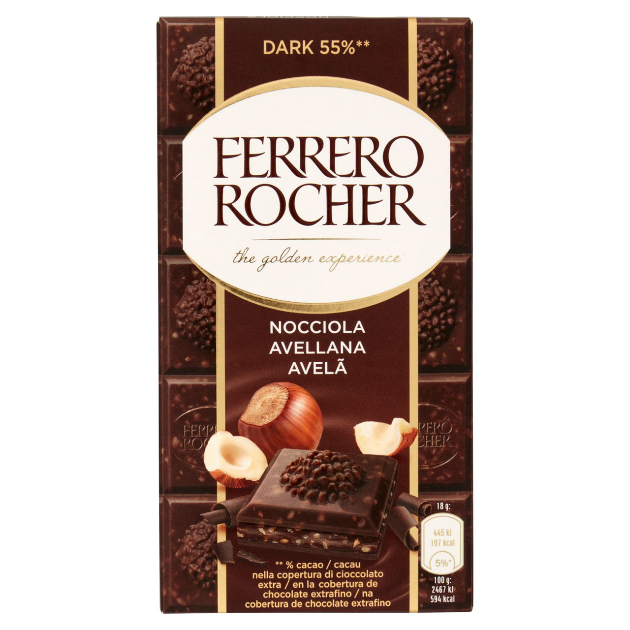 Ferrero Rocher Dark - tavoletta ricoperta di cioccolato extra 55% con ripieno alla nocciola. -  90g