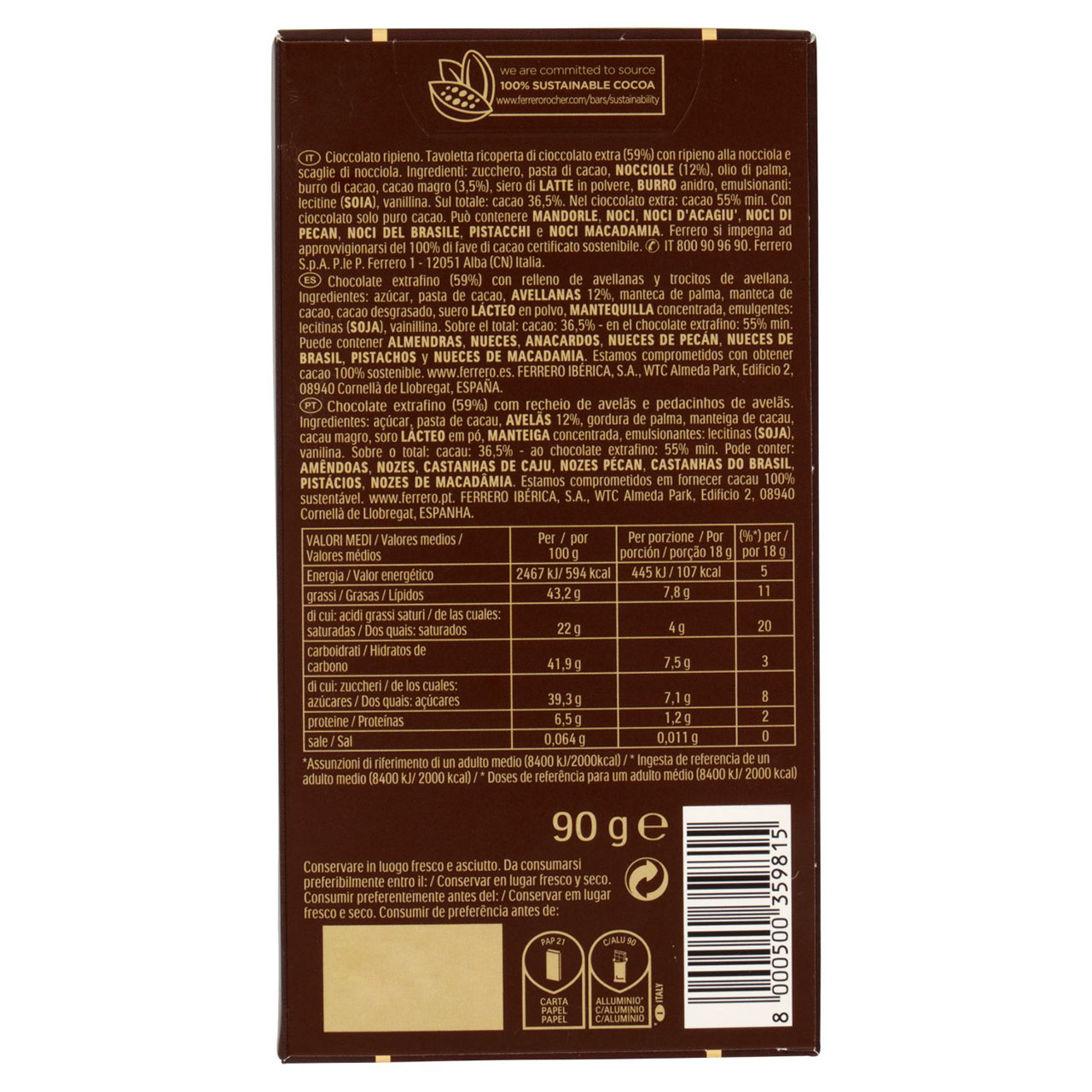 Ferrero Rocher Dark - tavoletta ricoperta di cioccolato extra 55% con ripieno alla nocciola. -  90g