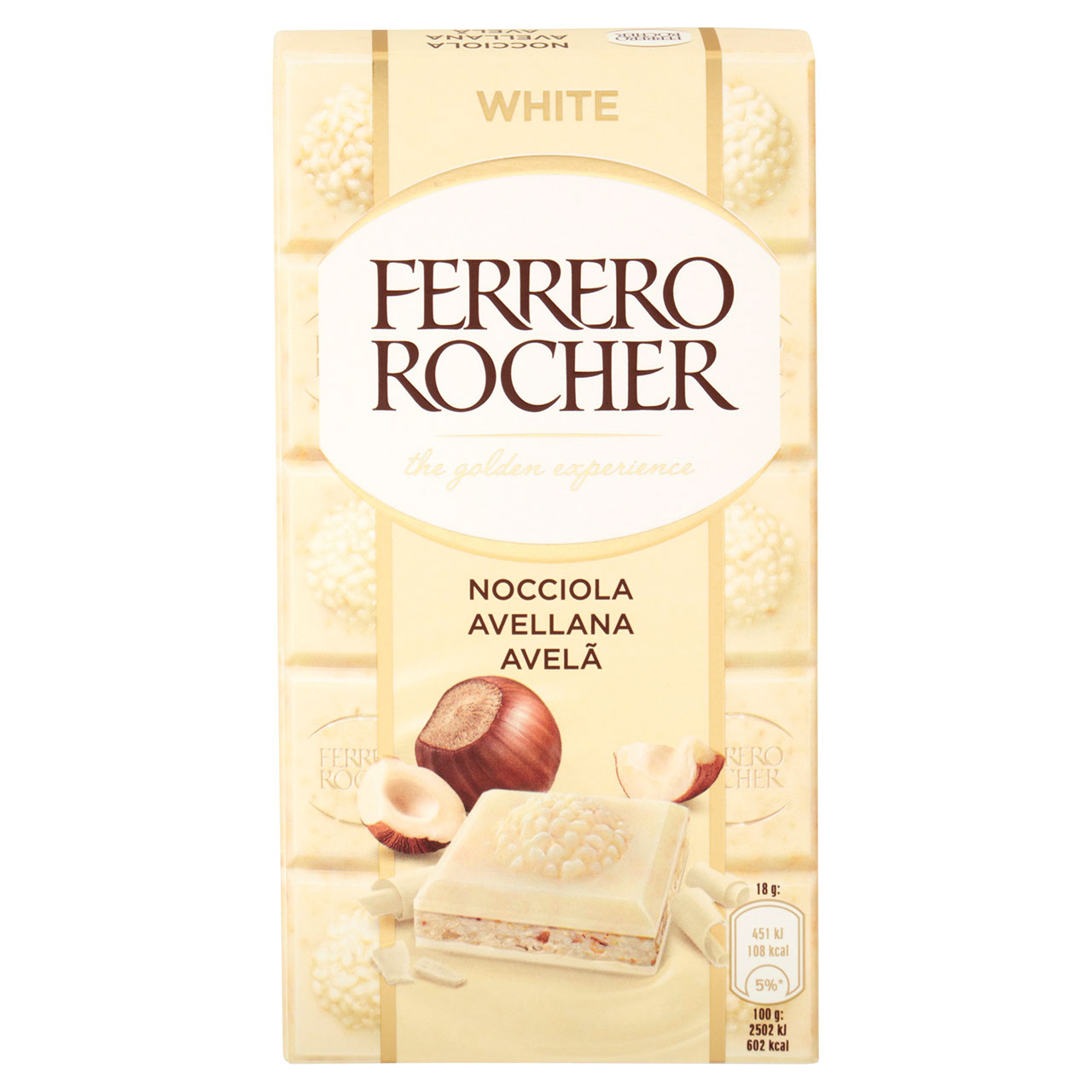 Ferrero Rocher White - tavoletta ricoperta di cioccolato bianco con ripieno alla nocciola.  -   90g