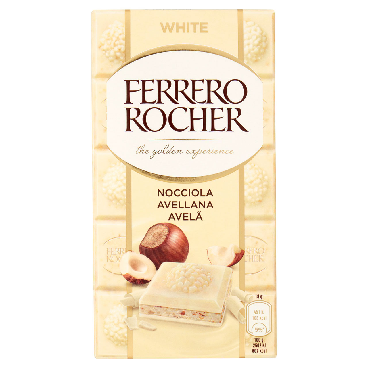 Ferrero Rocher White - tavoletta ricoperta di cioccolato bianco con ripieno alla nocciola.  -   90g