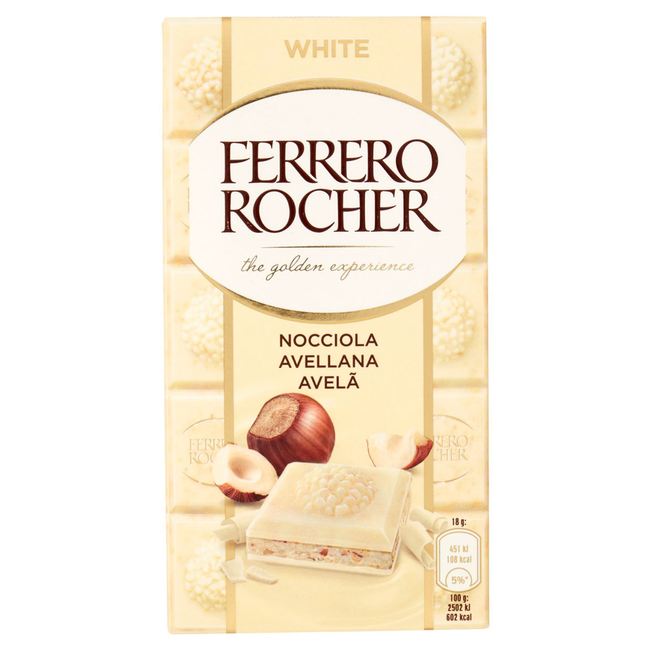 Ferrero Rocher White - tavoletta ricoperta di cioccolato bianco con ripieno alla nocciola.  -   90g