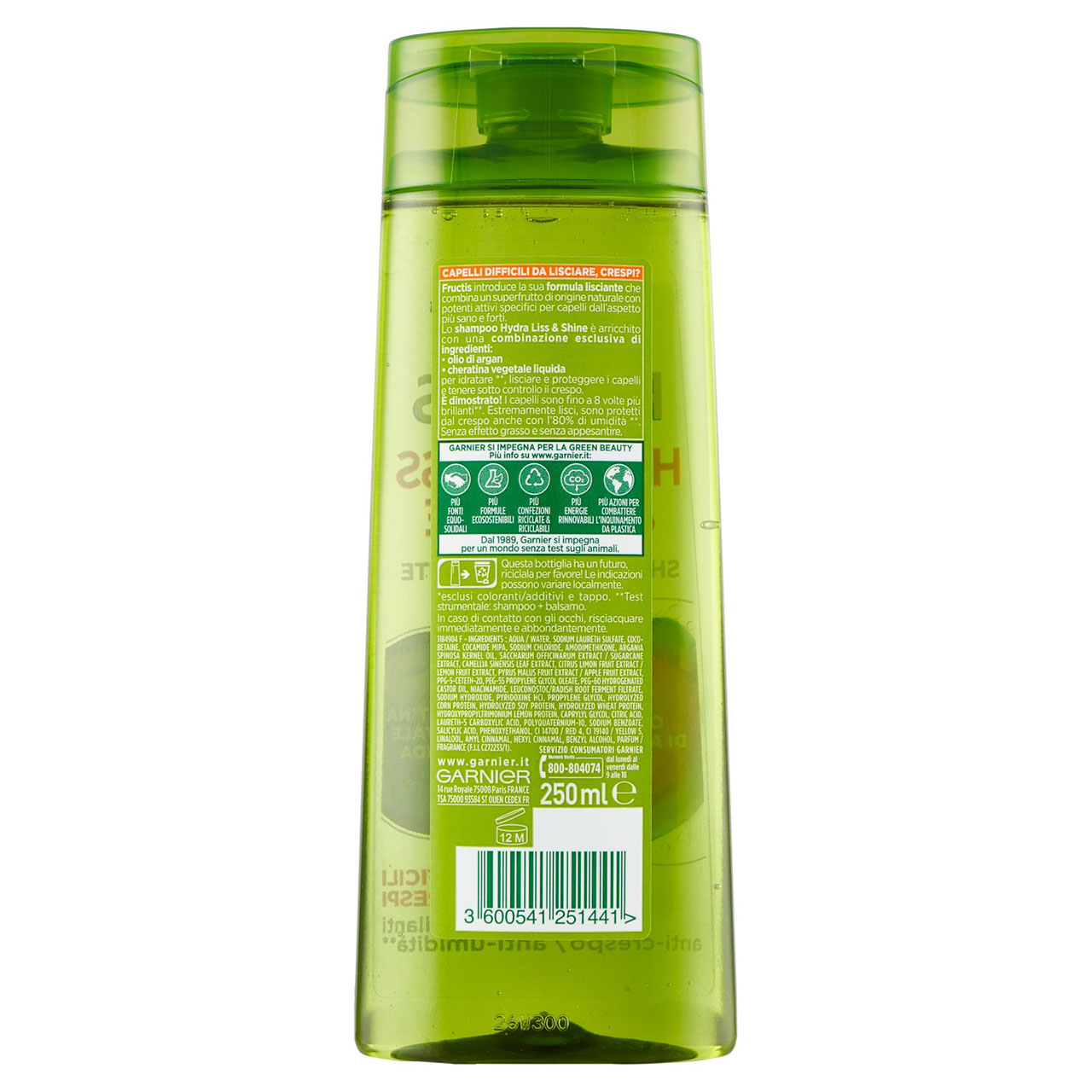 Garnier Shampoo Fructis Hydra Liss & Shine, per Capelli Secchi o Crespi, 250 ml