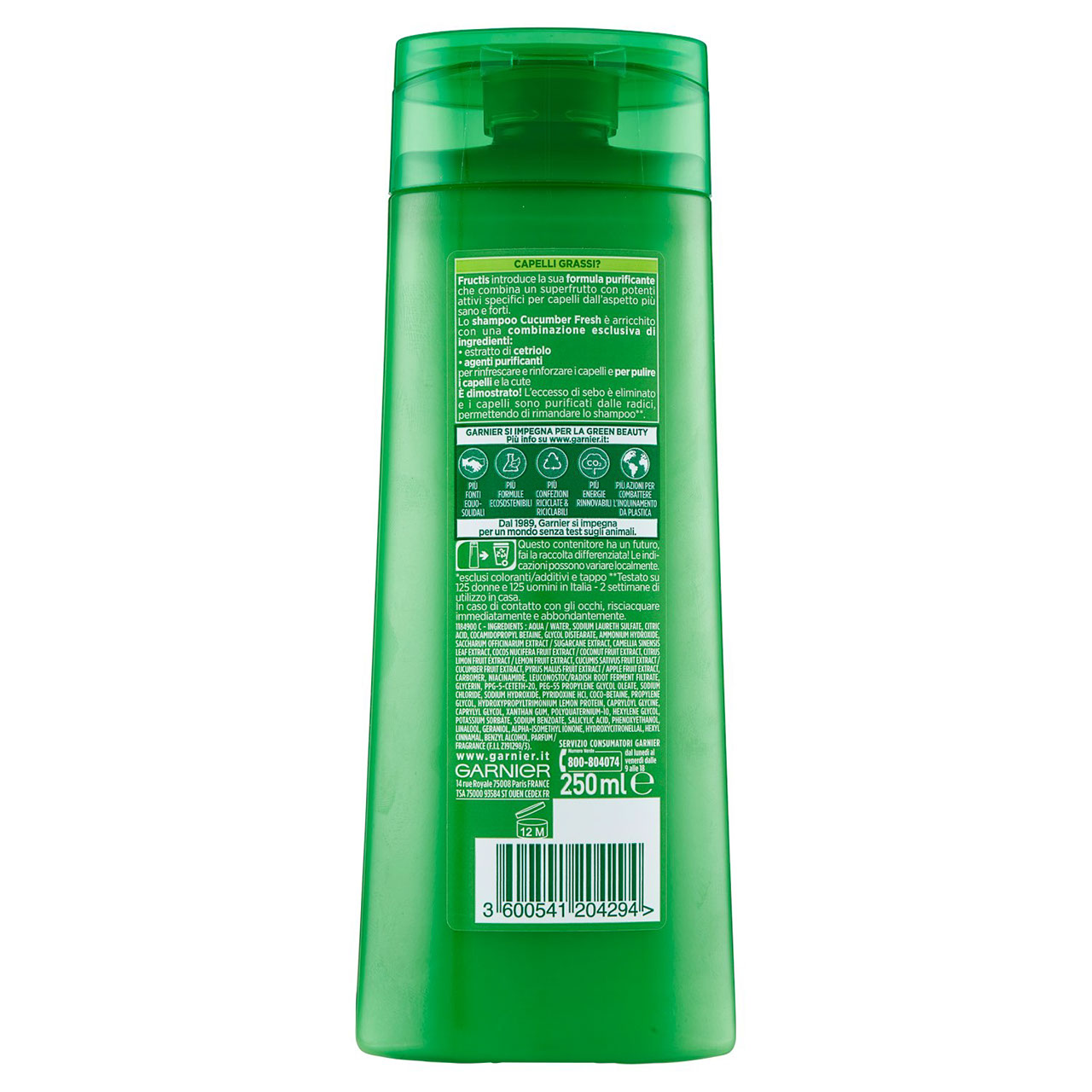 Garnier Shampoo Fructis Pure Non Stop Cucumber Fresh, Ideale per Capelli Grassi, 250 ml