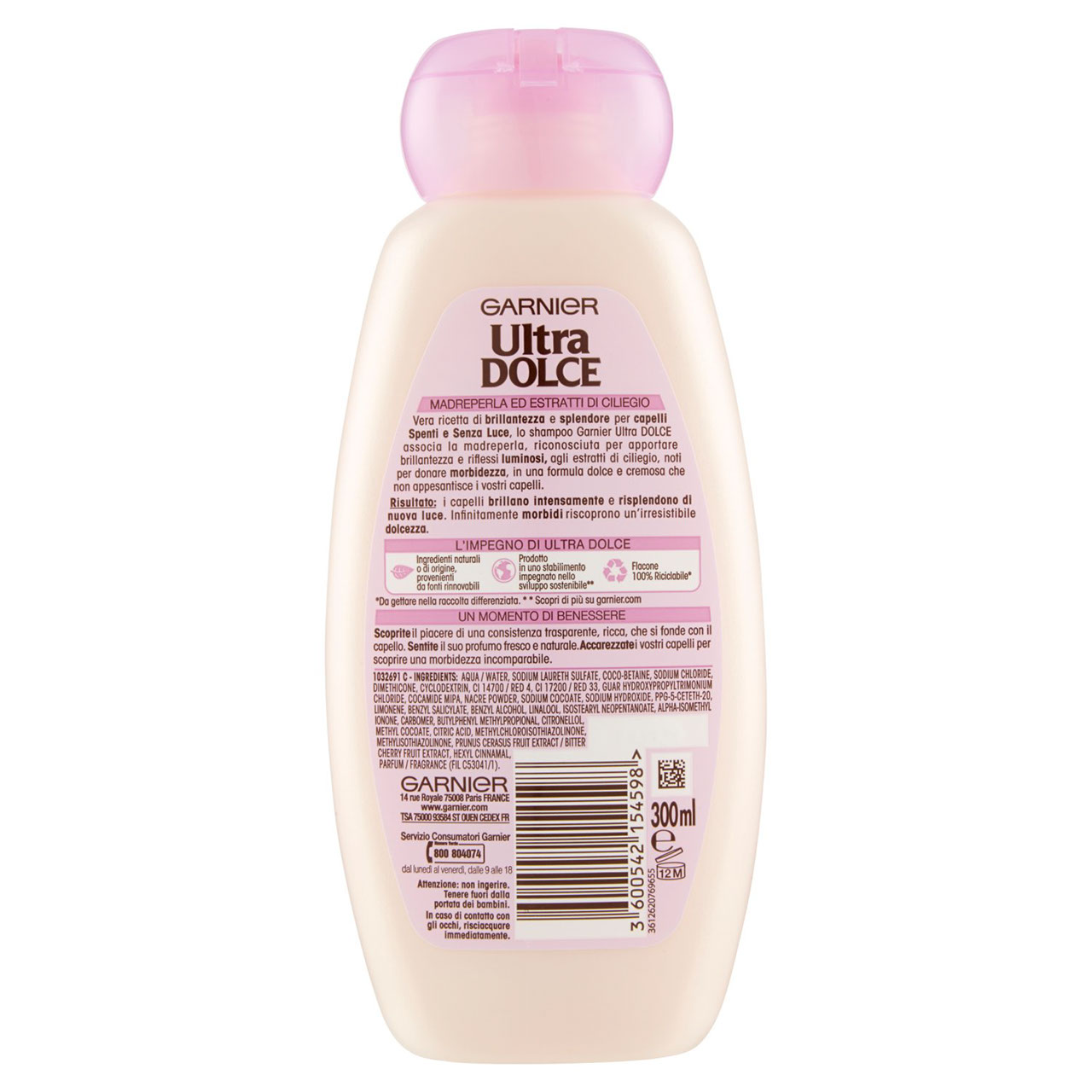 Garnier Ultra Dolce Shampoo Madreperla e Ciliegio per capelli spenti e senza luce, 300 ml