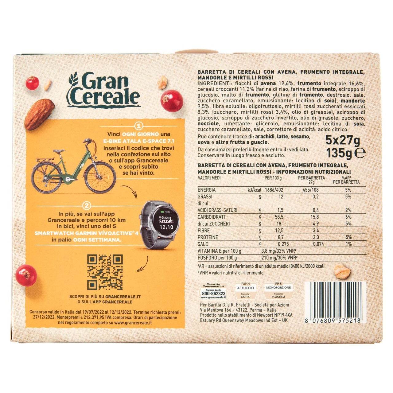 Gran Cereale Barrette di Cereali con Avena Mandorle e Mirtilli Rossi 135 g