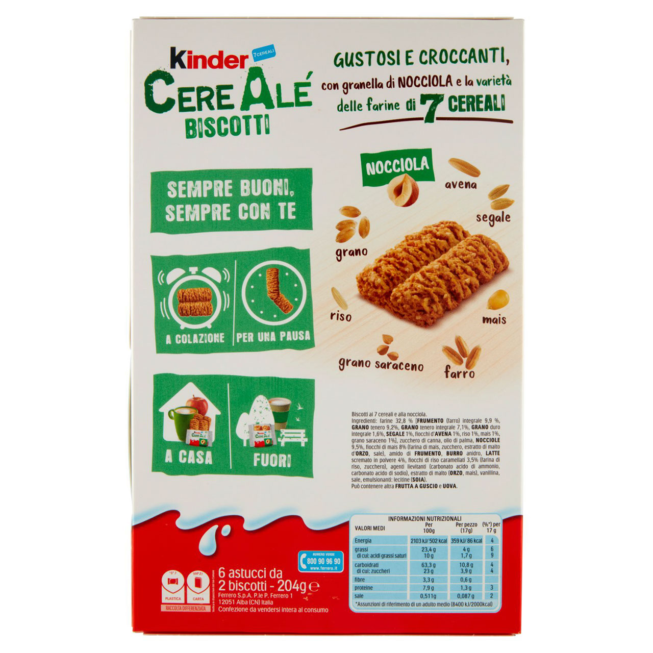 Kinder CereAlé Biscotti Nocciola 6 astucci da 2 biscotti 204 g