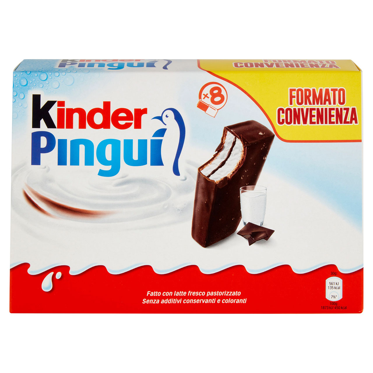 Kinder Pinguì: Merenda con pan di spagna, ripieno al latte e copertura al cioccolato fondente 8x30g
