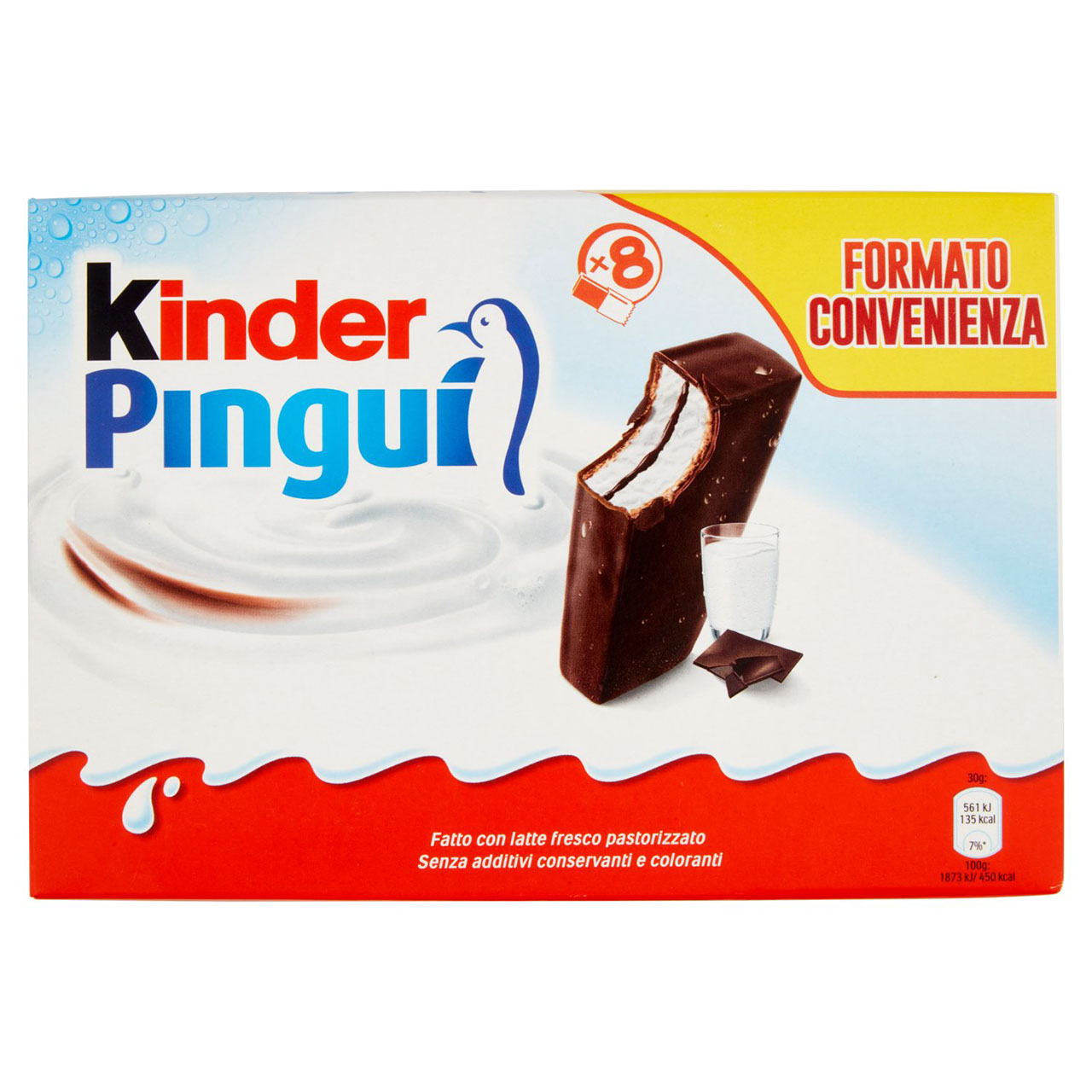 Kinder Pinguì: Merenda con pan di spagna, ripieno al latte e copertura al cioccolato fondente 8x30g
