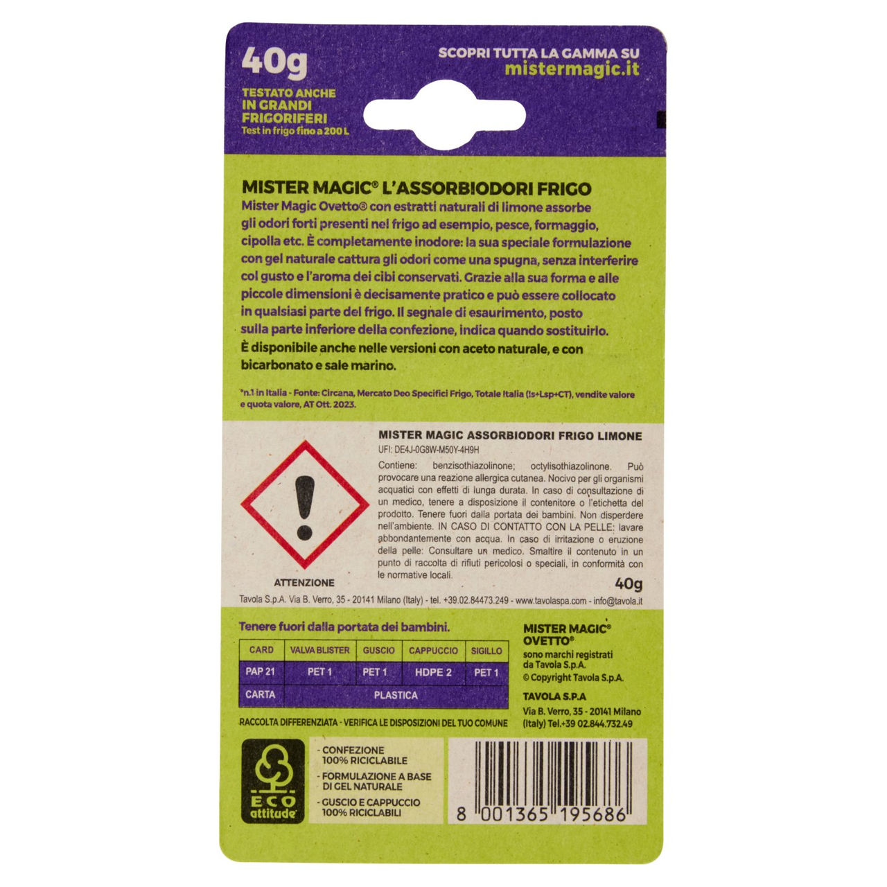 mister Magic l'Assorbiodori Frigo con Estratti di Limone 40 g