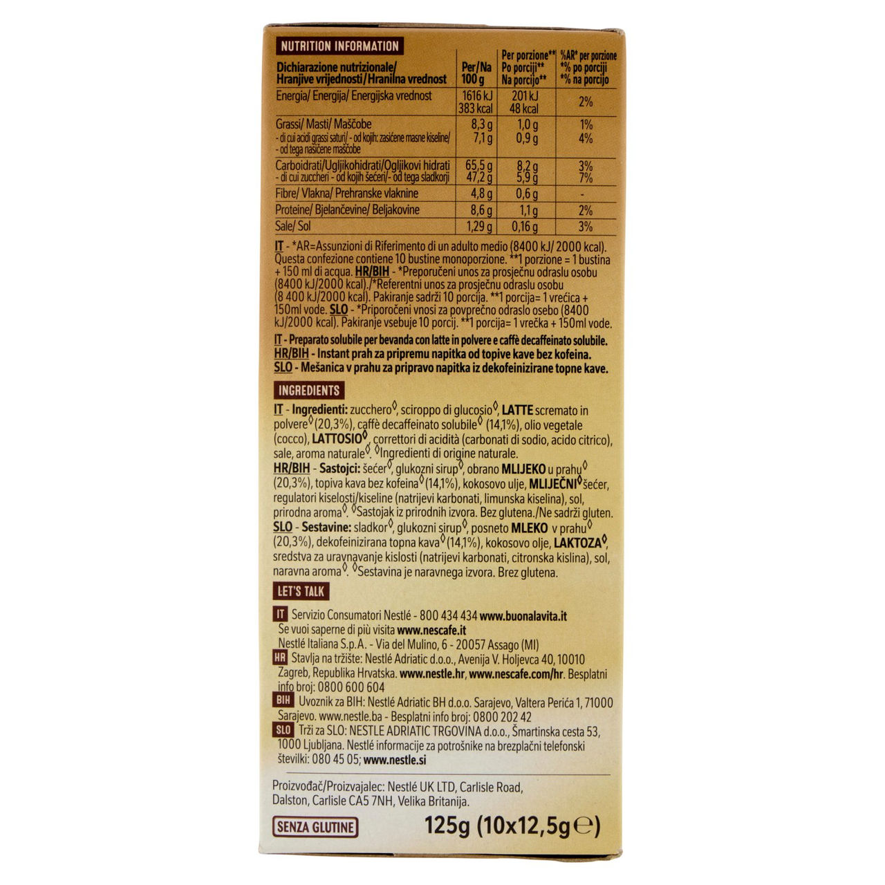 NESCAFÉ Cappuccino Decaf Solubile Decaffeinato, 10 bustine 125g