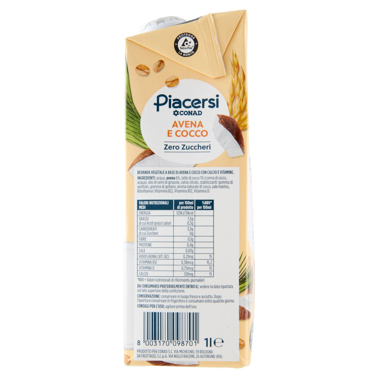 PIACERSI CONAD Avena e Cocco Zero Zuccheri 1 l