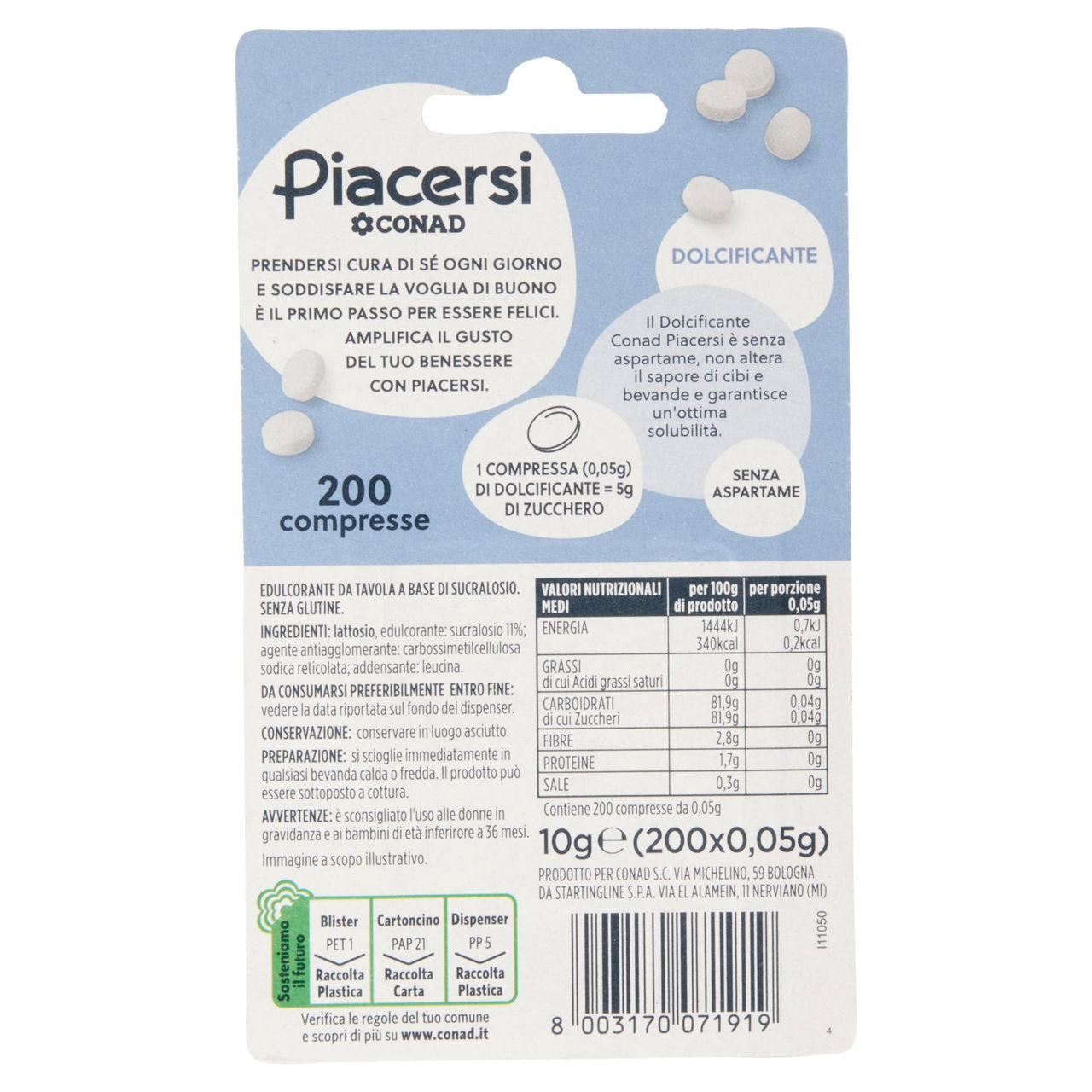 Piacersi Dolcificante 200 compresse Conad online