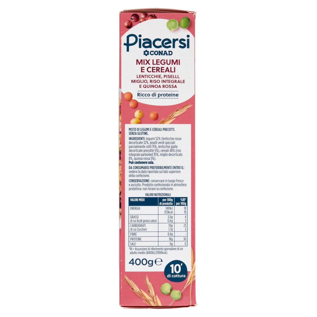 PIACERSI CONAD Mix Legumi e Cereali Lenticchie, Piselli, Miglio, Riso Integrale e Quinoa Rossa 400 g