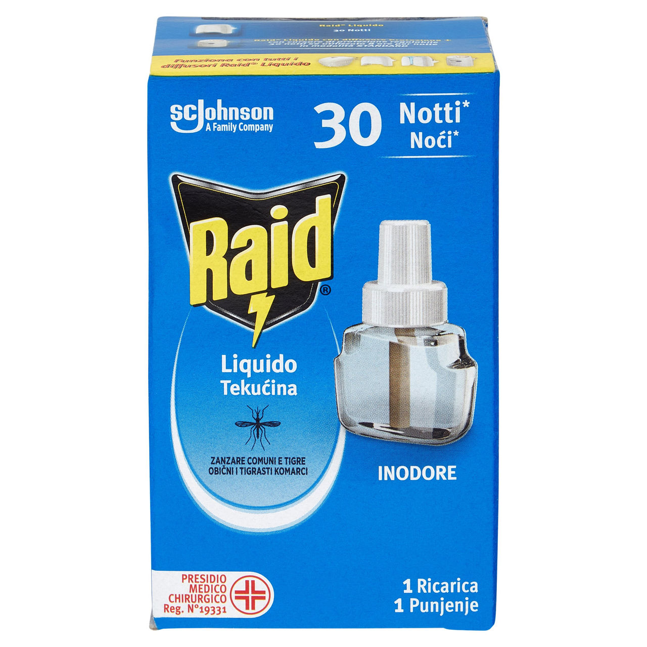 Raid Liquido Elettrico Antizanzare Comuni e Tigre, Ricarica, Inodore, 30 Notti, 21 ml