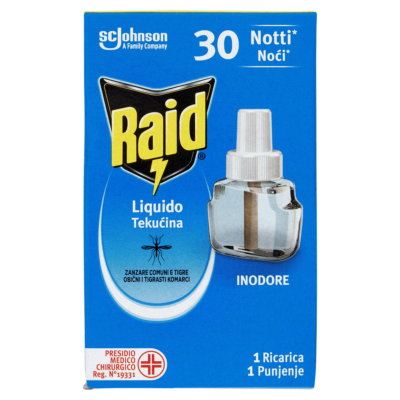 Raid Liquido Elettrico Antizanzare Comuni e Tigre, Ricarica, Inodore, 30 Notti, 21 ml