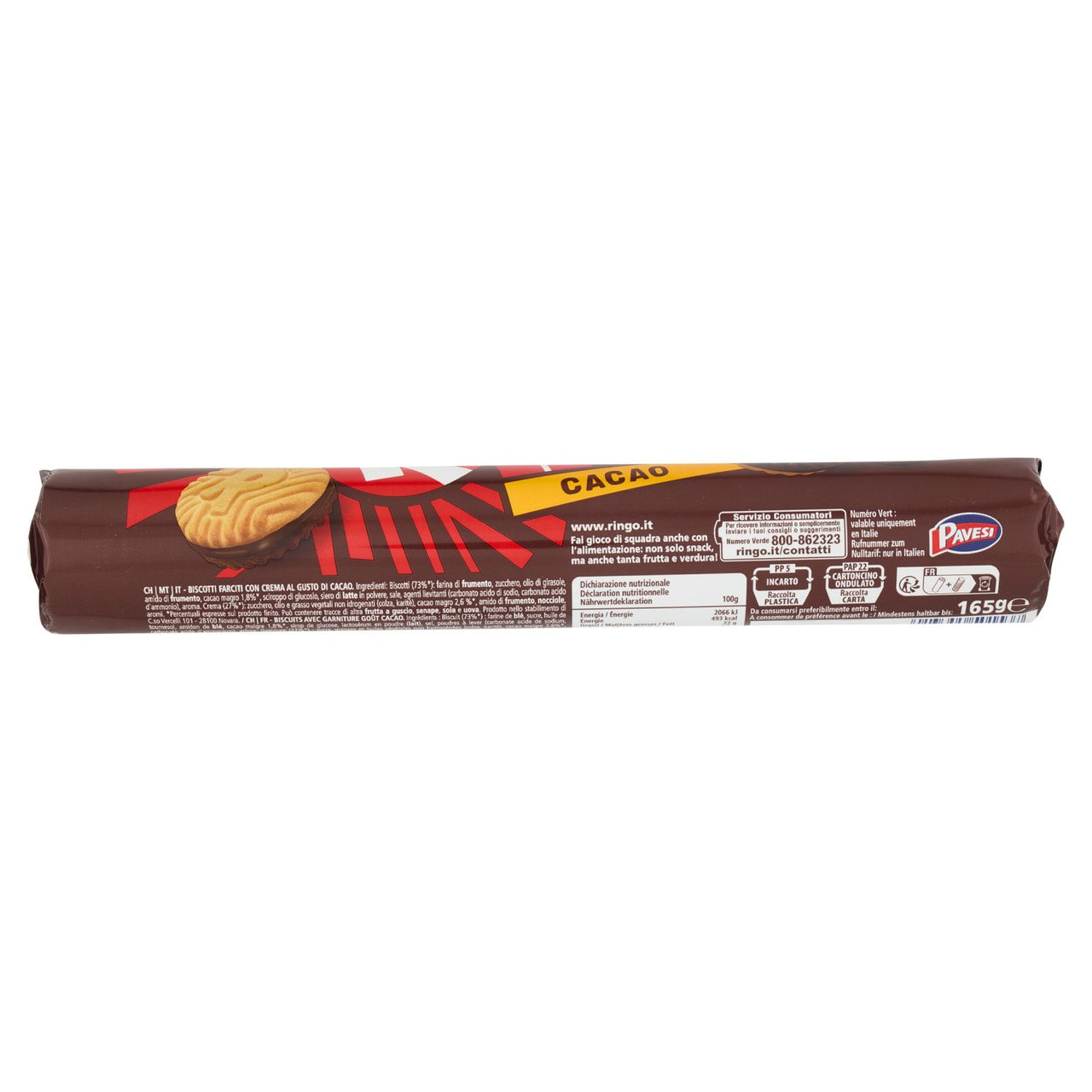 Ringo Cacao Biscotti Farciti con Crema Cacao Snack Merenda Tubo 165g