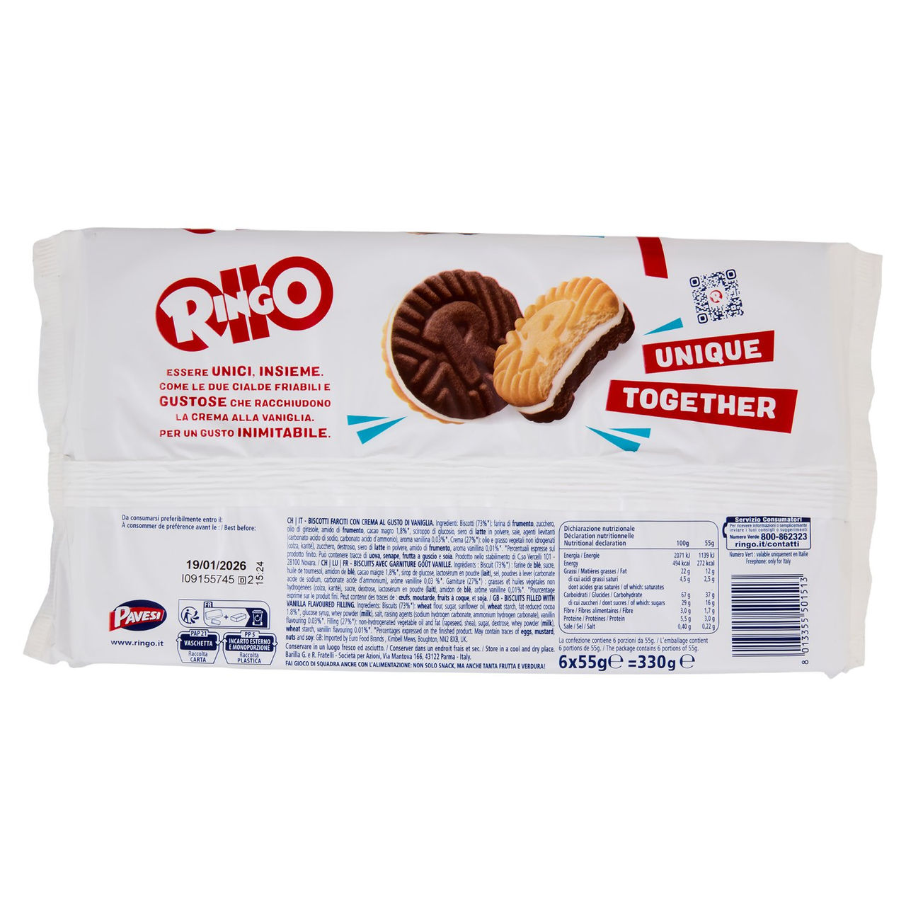 Ringo Vaniglia Biscotti Farciti con Crema Vaniglia Snack Merenda 6 porzioni 330g