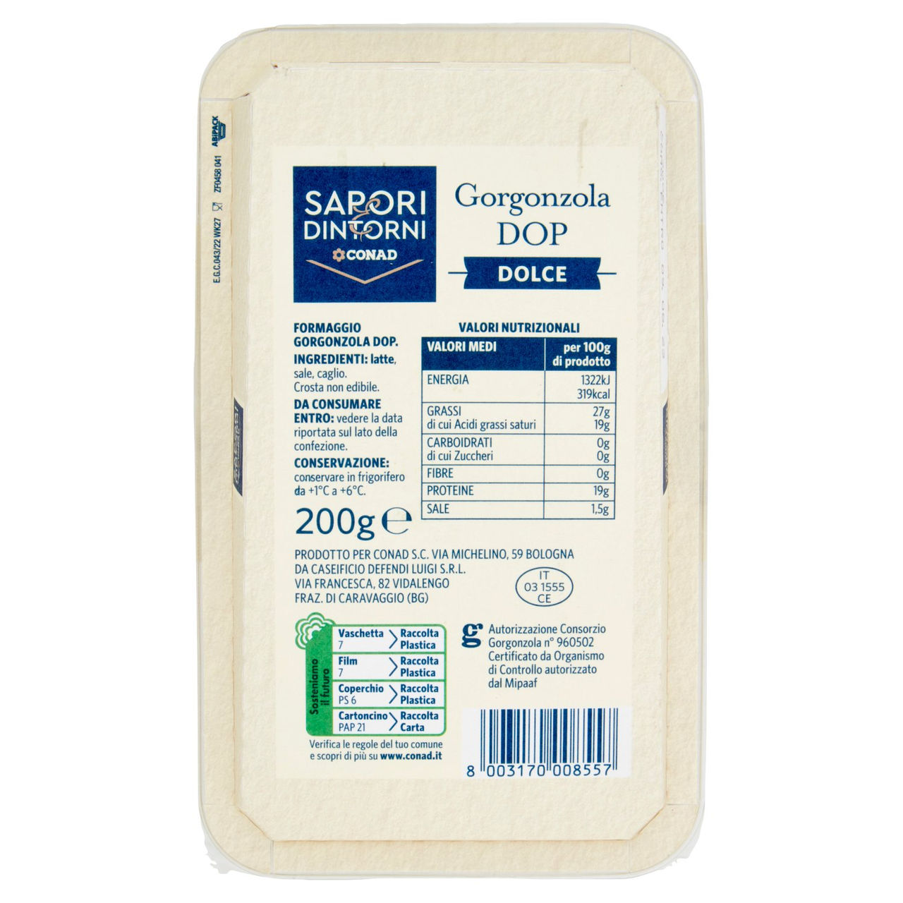 Gorgonzola Dolce DOP 200g Conad in vendita online
