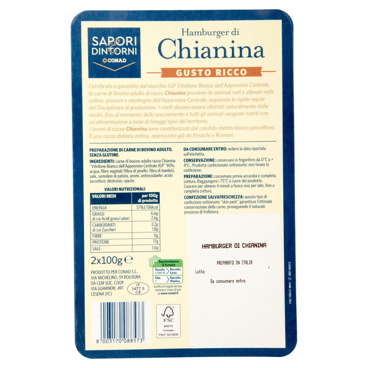 SAPORI & DINTORNI CONAD Hamburger di Chianina Gusto Ricco 2 x 100 g