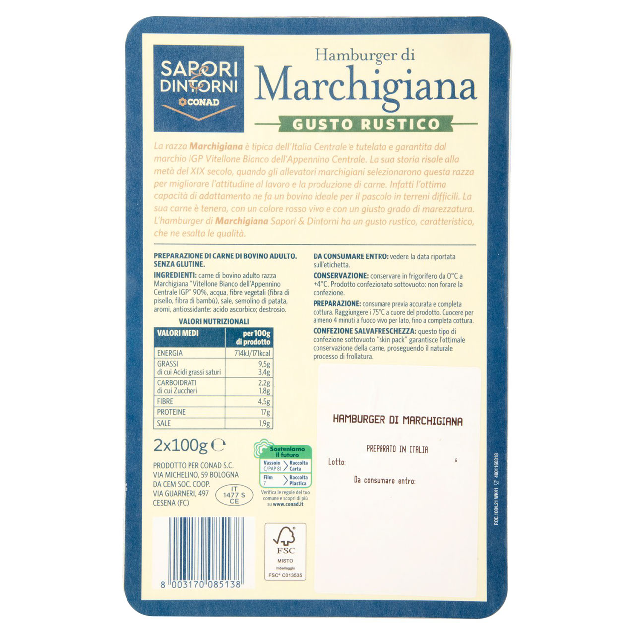 SAPORI & DINTORNI CONAD Hamburger di Marchigiana Gusto Rustico 2 x 100 g