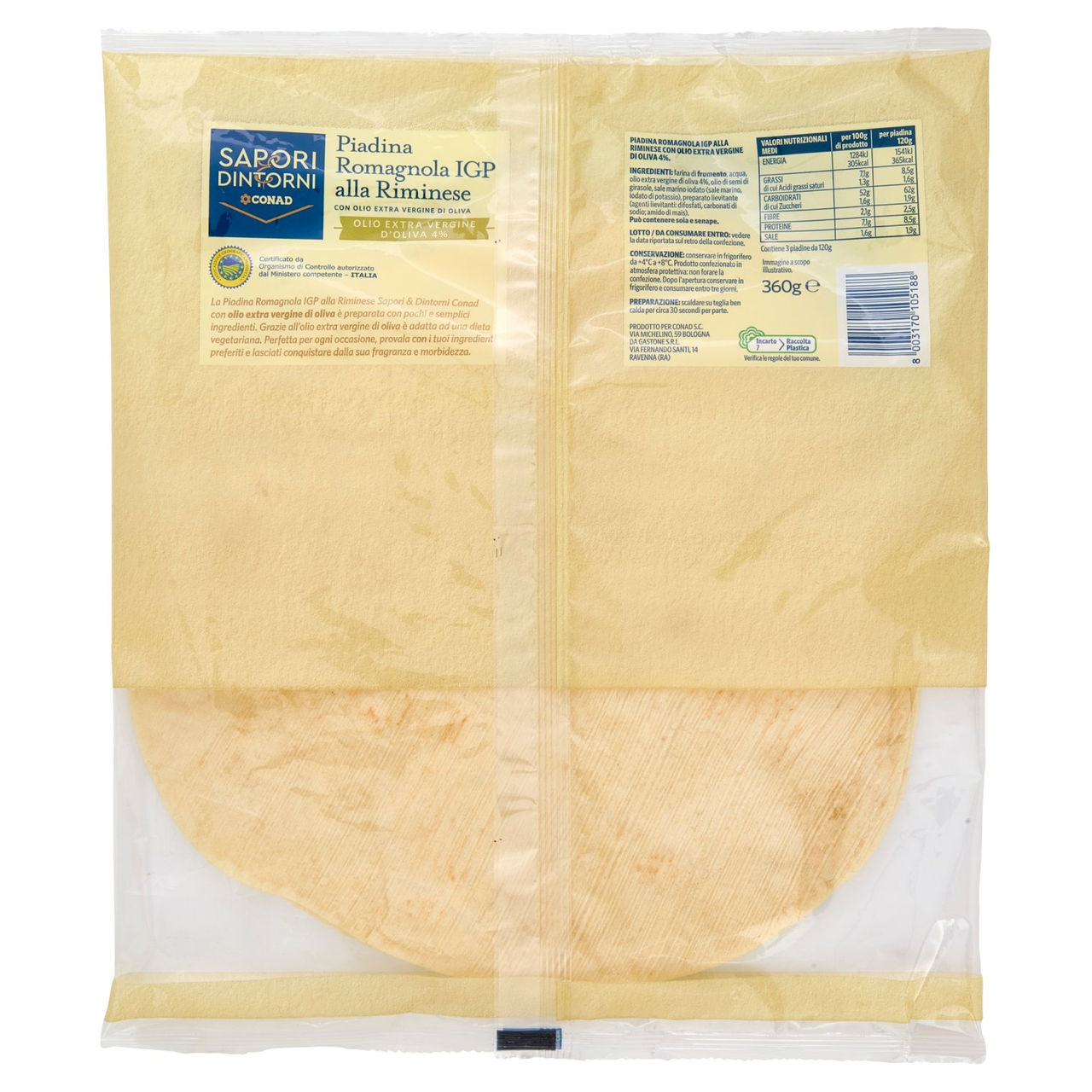 SAPORI & DINTORNI CONAD Piadina Romagnola IGP alla Riminese con Olio Extra Vergine di Oliva 3 x 120g