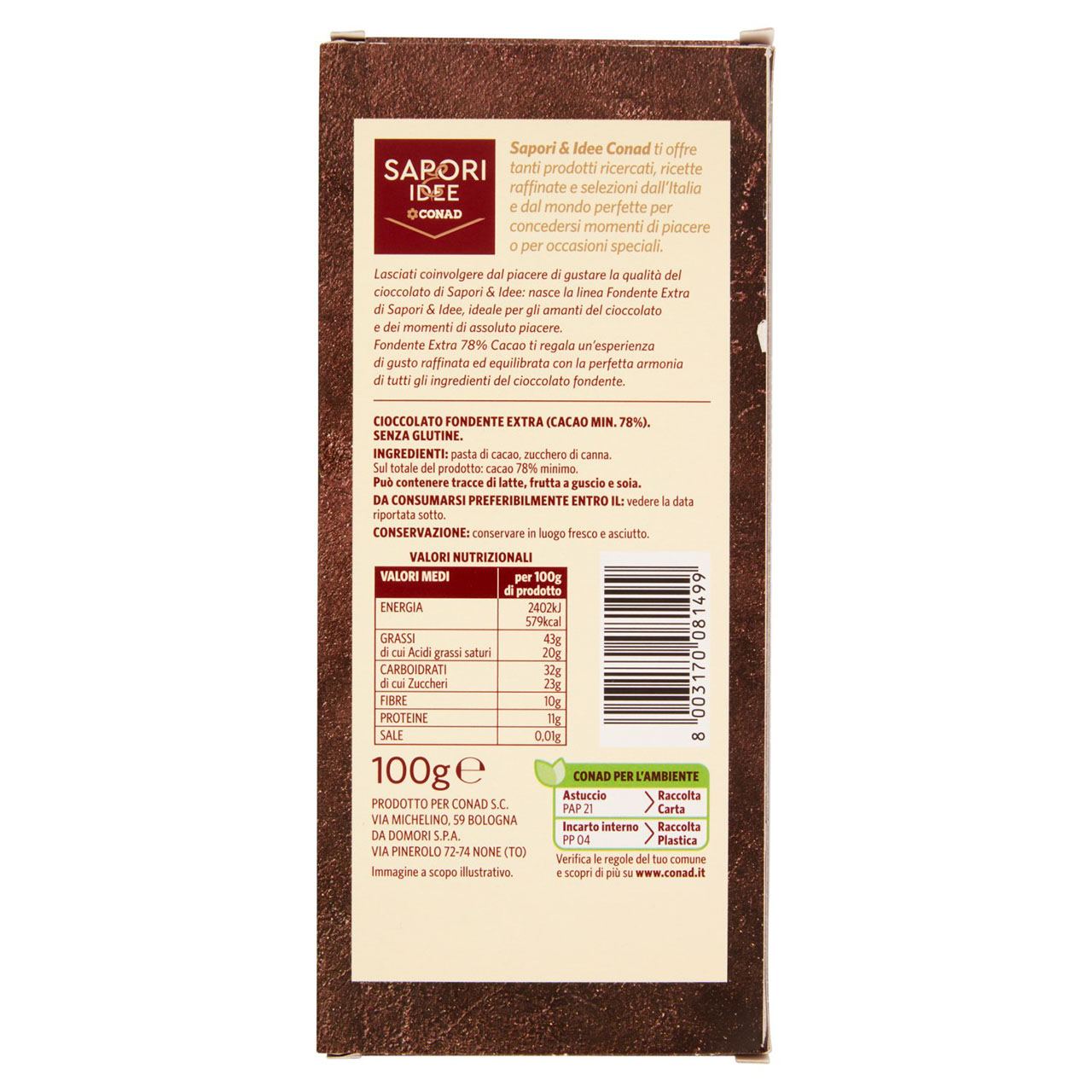 Fondente Extra 78% Cacao 100 g Conad