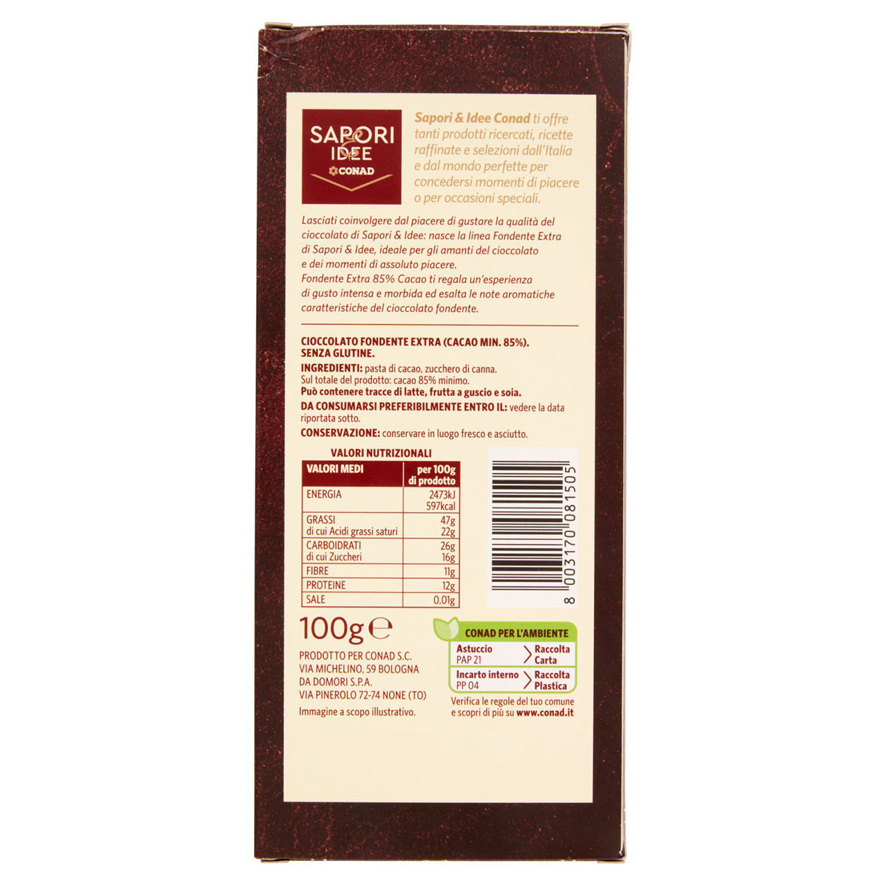 Fondente Extra 85% Cacao 100 g Conad