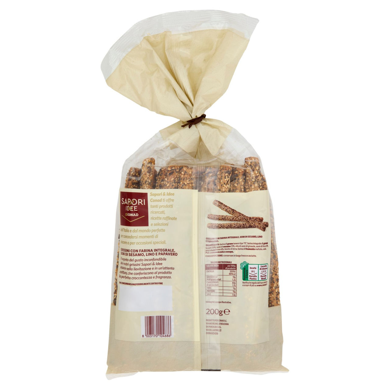 SAPORI & IDEE CONAD Grissini con Farina Integrale, Semi di Sesamo, Lino e Papavero 200 g