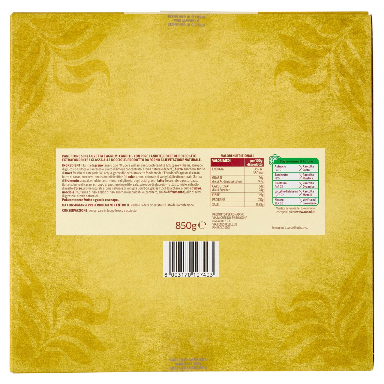 SAPORI & IDEE CONAD Panettone Basso Pere Williams e Cioccolato Extra Fondente dell'Ecuador 850 g