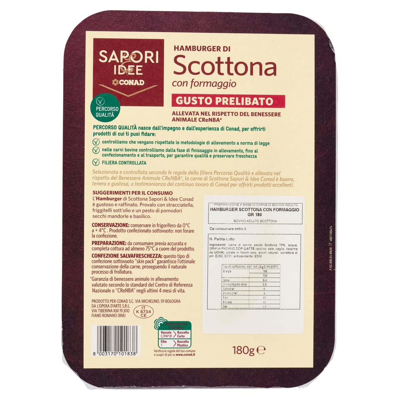 SAPORI & IDEE CONAD Percorso Qualità Hamburger di Scottona con formaggio Gusto Prelibato 180 g