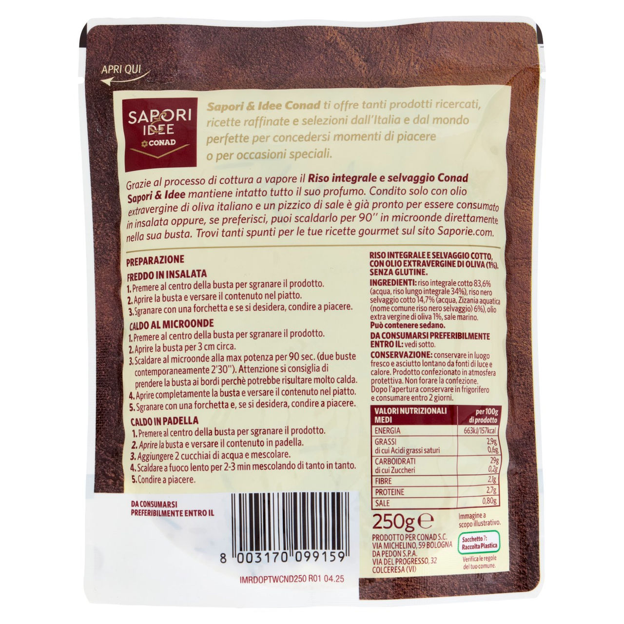 SAPORI & IDEE CONAD Riso Integrale e Selvaggio Cotto a Vapore 250 g