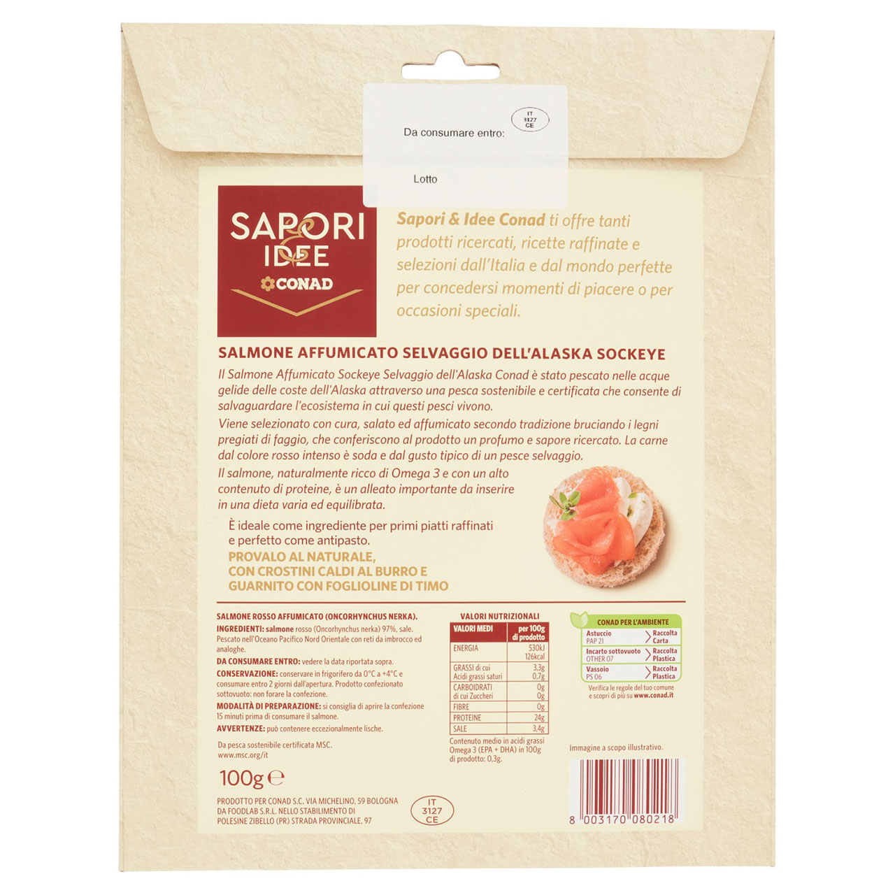 SAPORI & IDEE CONAD Salmone Affumicato Sockeye Selvaggio dell'Alaska 100 g