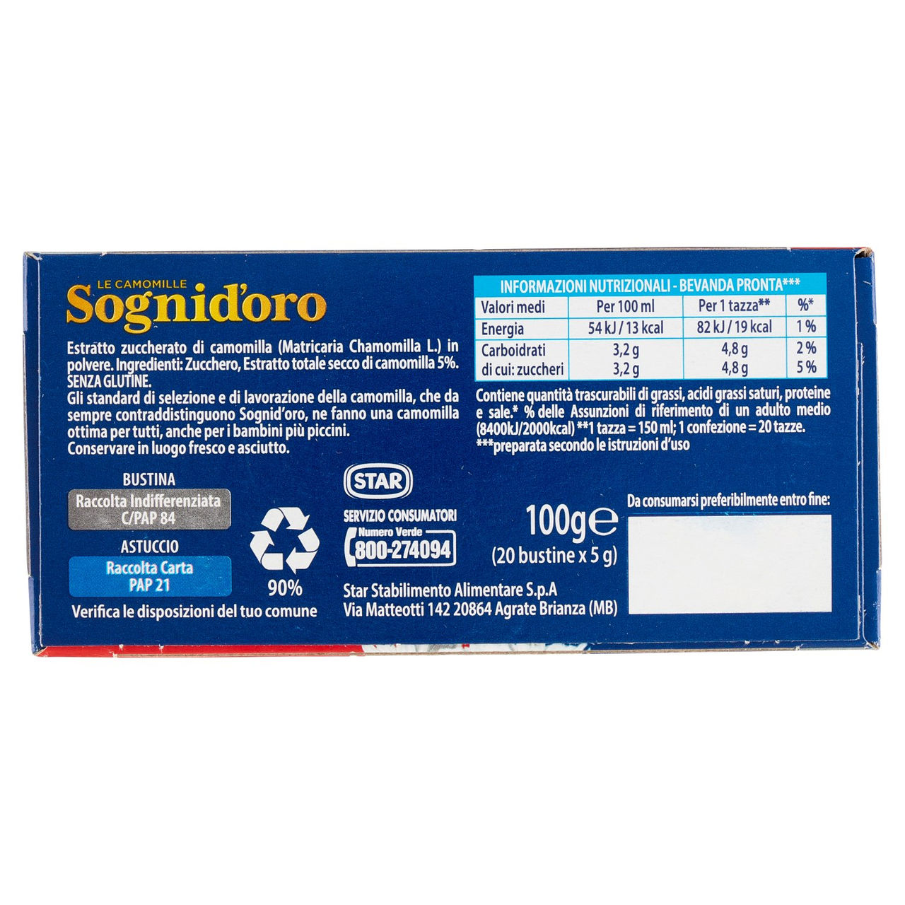 Sognid'oro le Camomille Solubile bustine 20 x 5 g